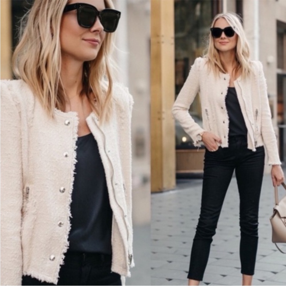IRO Agnette Cream Textured Tweed Distressed Jacket Silver Buttons Size 1 2 XS S